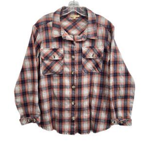 Democracy Women Size M Flannel Plaid Shacket Brown Button Up Pockets Frayed Hem